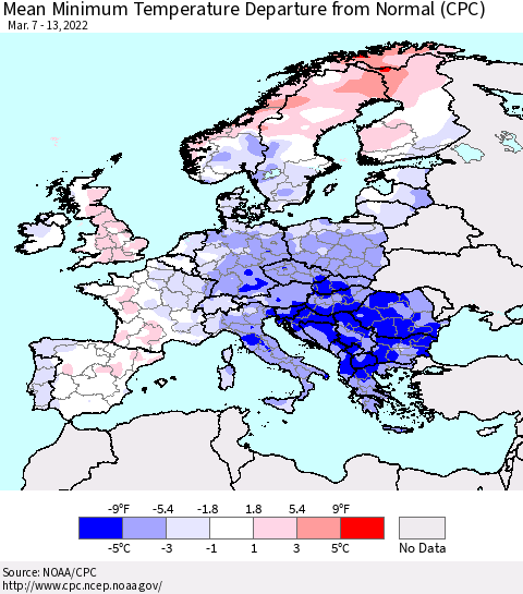 Europe Mean Minimum Temperature Departure from Normal (CPC) Thematic Map For 3/7/2022 - 3/13/2022