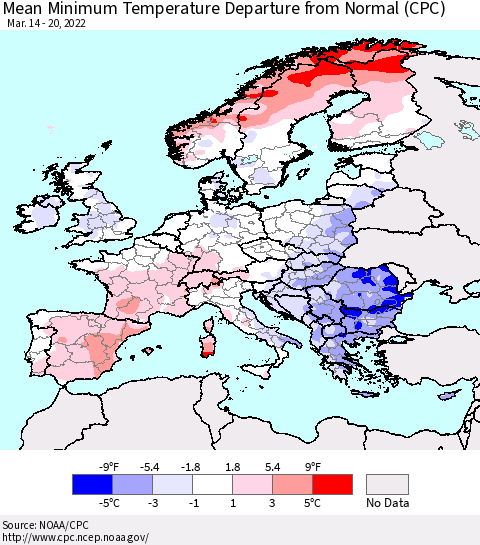 Europe Mean Minimum Temperature Departure from Normal (CPC) Thematic Map For 3/14/2022 - 3/20/2022