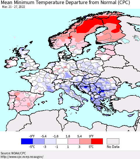 Europe Mean Minimum Temperature Departure from Normal (CPC) Thematic Map For 3/21/2022 - 3/27/2022