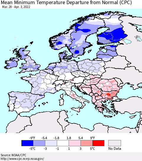 Europe Mean Minimum Temperature Departure from Normal (CPC) Thematic Map For 3/28/2022 - 4/3/2022