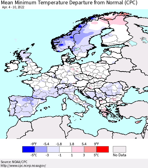 Europe Mean Minimum Temperature Departure from Normal (CPC) Thematic Map For 4/4/2022 - 4/10/2022