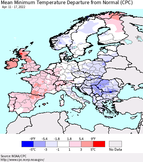 Europe Mean Minimum Temperature Departure from Normal (CPC) Thematic Map For 4/11/2022 - 4/17/2022