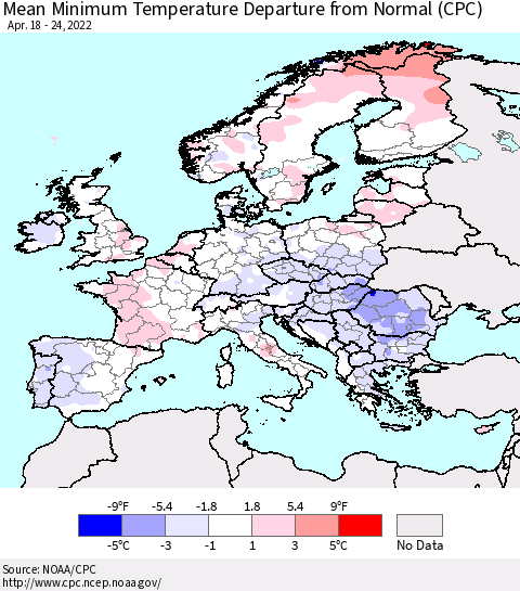Europe Mean Minimum Temperature Departure from Normal (CPC) Thematic Map For 4/18/2022 - 4/24/2022