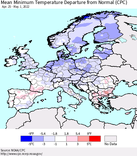 Europe Mean Minimum Temperature Departure from Normal (CPC) Thematic Map For 4/25/2022 - 5/1/2022