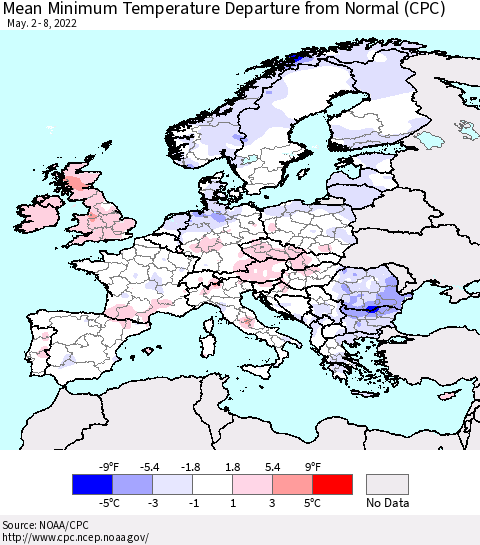 Europe Mean Minimum Temperature Departure from Normal (CPC) Thematic Map For 5/2/2022 - 5/8/2022