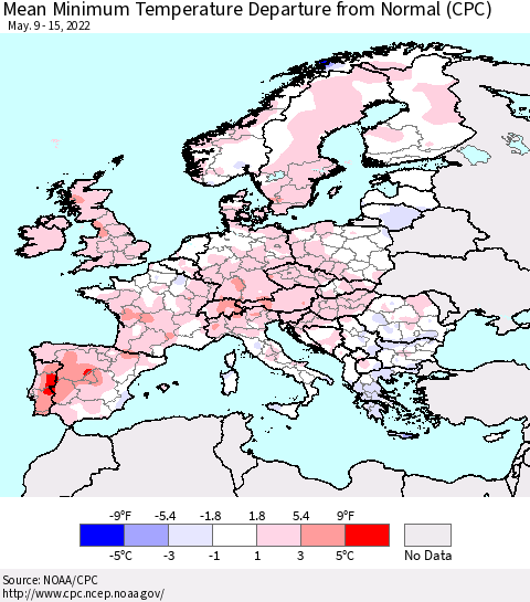 Europe Mean Minimum Temperature Departure from Normal (CPC) Thematic Map For 5/9/2022 - 5/15/2022