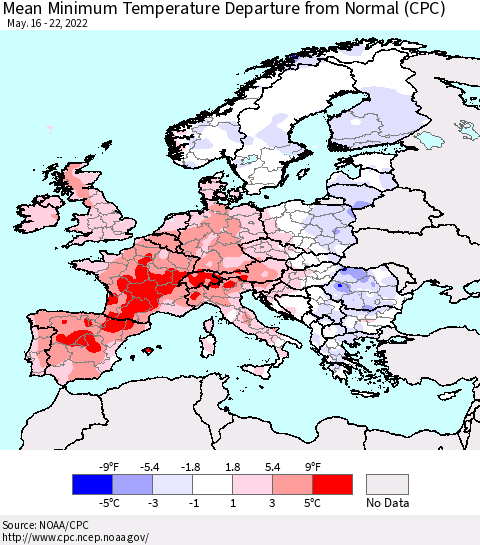 Europe Mean Minimum Temperature Departure from Normal (CPC) Thematic Map For 5/16/2022 - 5/22/2022
