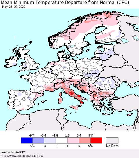 Europe Mean Minimum Temperature Departure from Normal (CPC) Thematic Map For 5/23/2022 - 5/29/2022