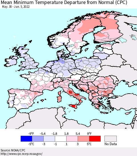 Europe Mean Minimum Temperature Departure from Normal (CPC) Thematic Map For 5/30/2022 - 6/5/2022