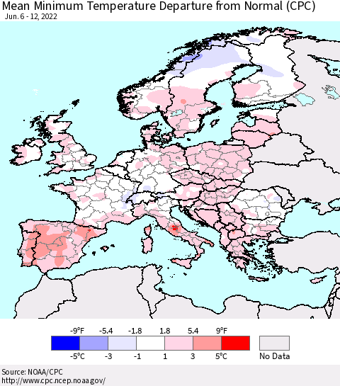 Europe Mean Minimum Temperature Departure from Normal (CPC) Thematic Map For 6/6/2022 - 6/12/2022
