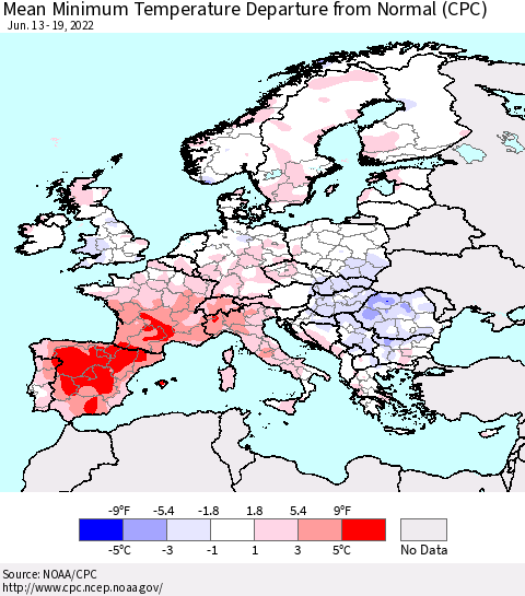 Europe Mean Minimum Temperature Departure from Normal (CPC) Thematic Map For 6/13/2022 - 6/19/2022