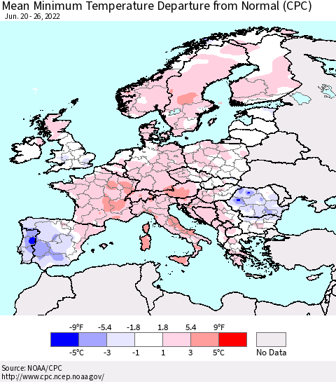 Europe Mean Minimum Temperature Departure from Normal (CPC) Thematic Map For 6/20/2022 - 6/26/2022