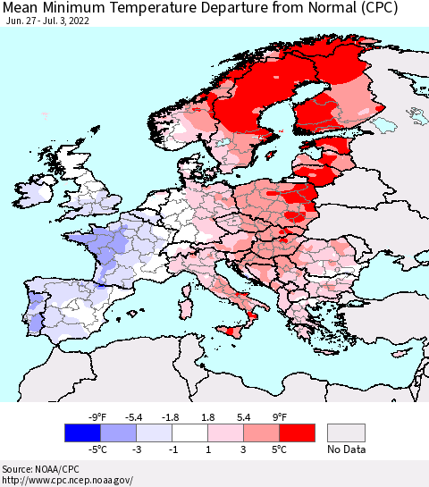 Europe Mean Minimum Temperature Departure from Normal (CPC) Thematic Map For 6/27/2022 - 7/3/2022