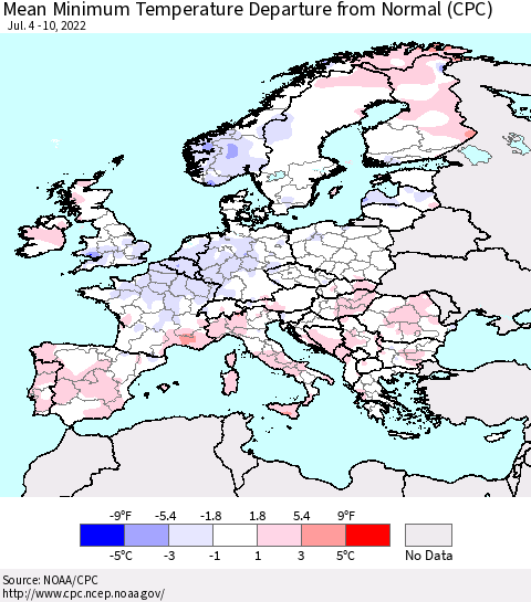 Europe Mean Minimum Temperature Departure from Normal (CPC) Thematic Map For 7/4/2022 - 7/10/2022