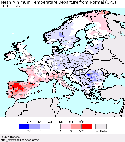 Europe Mean Minimum Temperature Departure from Normal (CPC) Thematic Map For 7/11/2022 - 7/17/2022