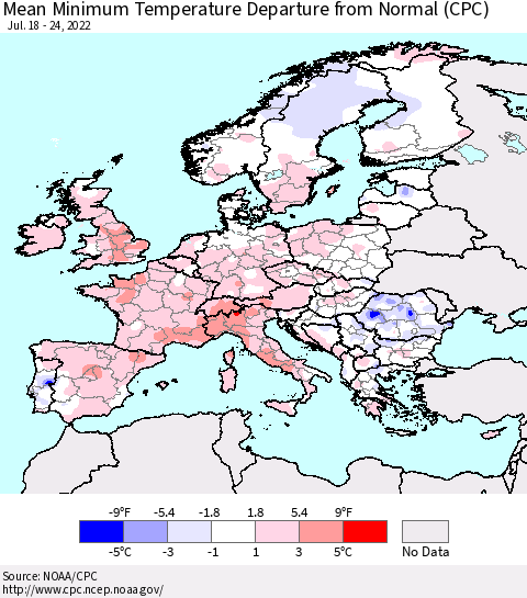 Europe Mean Minimum Temperature Departure from Normal (CPC) Thematic Map For 7/18/2022 - 7/24/2022