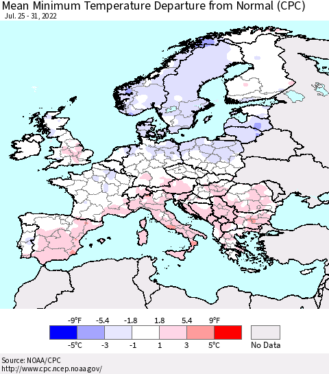 Europe Mean Minimum Temperature Departure from Normal (CPC) Thematic Map For 7/25/2022 - 7/31/2022