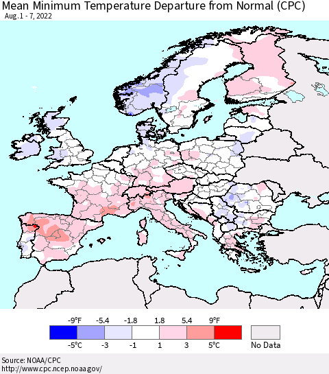 Europe Mean Minimum Temperature Departure from Normal (CPC) Thematic Map For 8/1/2022 - 8/7/2022