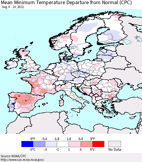 Europe Mean Minimum Temperature Departure from Normal (CPC) Thematic Map For 8/8/2022 - 8/14/2022