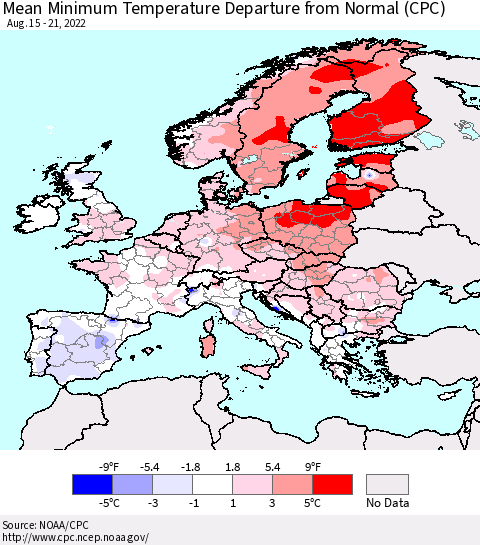 Europe Mean Minimum Temperature Departure from Normal (CPC) Thematic Map For 8/15/2022 - 8/21/2022