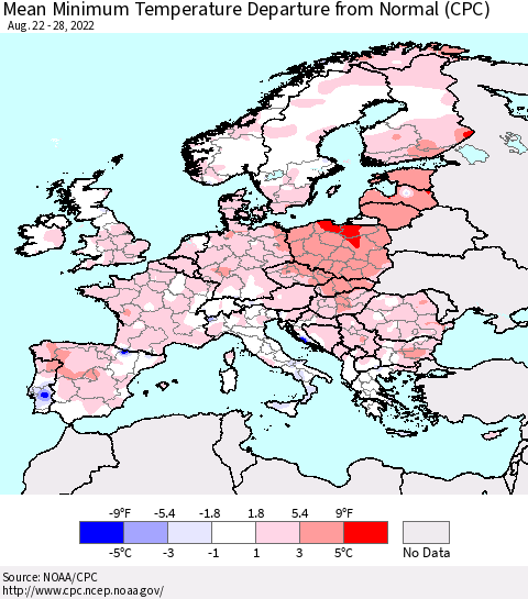 Europe Mean Minimum Temperature Departure from Normal (CPC) Thematic Map For 8/22/2022 - 8/28/2022