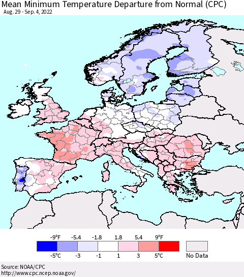 Europe Mean Minimum Temperature Departure from Normal (CPC) Thematic Map For 8/29/2022 - 9/4/2022
