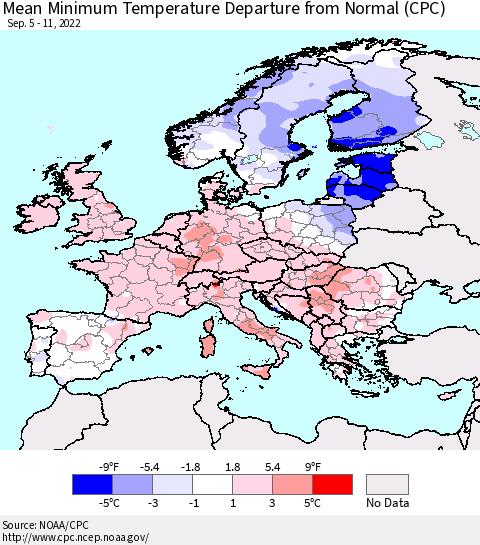 Europe Mean Minimum Temperature Departure from Normal (CPC) Thematic Map For 9/5/2022 - 9/11/2022