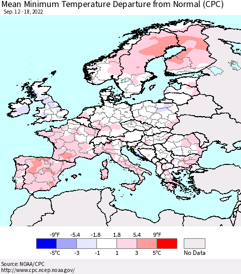 Europe Mean Minimum Temperature Departure from Normal (CPC) Thematic Map For 9/12/2022 - 9/18/2022