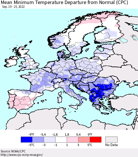 Europe Mean Minimum Temperature Departure from Normal (CPC) Thematic Map For 9/19/2022 - 9/25/2022