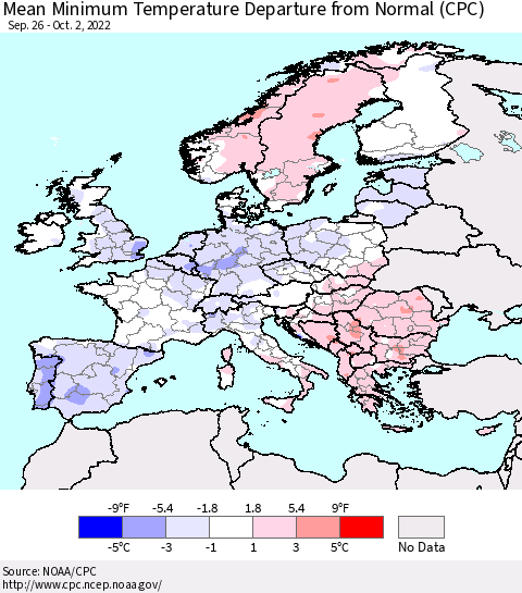 Europe Mean Minimum Temperature Departure from Normal (CPC) Thematic Map For 9/26/2022 - 10/2/2022