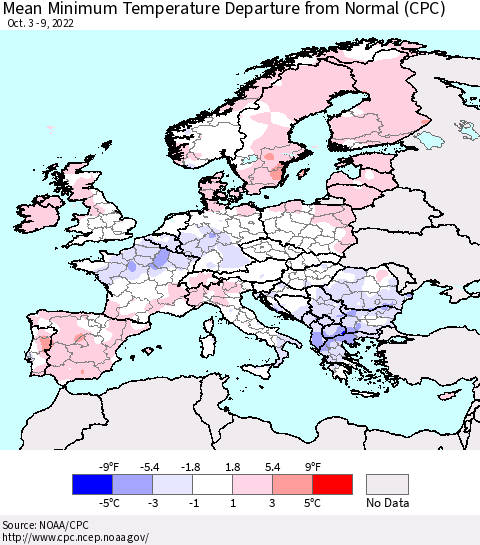 Europe Mean Minimum Temperature Departure from Normal (CPC) Thematic Map For 10/3/2022 - 10/9/2022