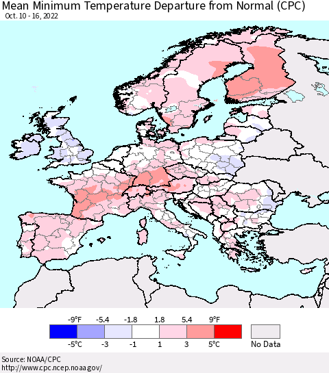 Europe Mean Minimum Temperature Departure from Normal (CPC) Thematic Map For 10/10/2022 - 10/16/2022