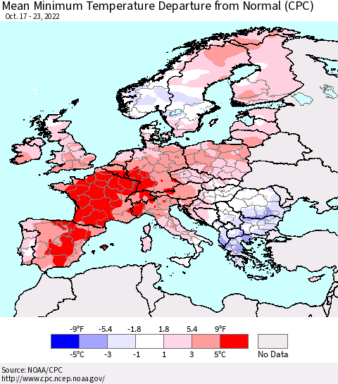 Europe Mean Minimum Temperature Departure from Normal (CPC) Thematic Map For 10/17/2022 - 10/23/2022