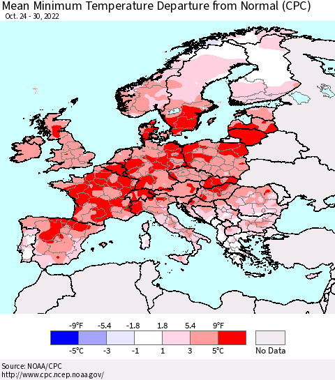 Europe Mean Minimum Temperature Departure from Normal (CPC) Thematic Map For 10/24/2022 - 10/30/2022