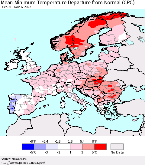 Europe Mean Minimum Temperature Departure from Normal (CPC) Thematic Map For 10/31/2022 - 11/6/2022