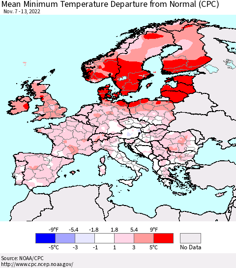 Europe Mean Minimum Temperature Departure from Normal (CPC) Thematic Map For 11/7/2022 - 11/13/2022