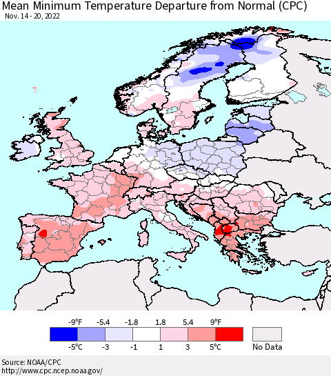 Europe Mean Minimum Temperature Departure from Normal (CPC) Thematic Map For 11/14/2022 - 11/20/2022