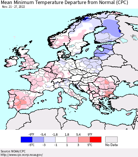 Europe Mean Minimum Temperature Departure from Normal (CPC) Thematic Map For 11/21/2022 - 11/27/2022