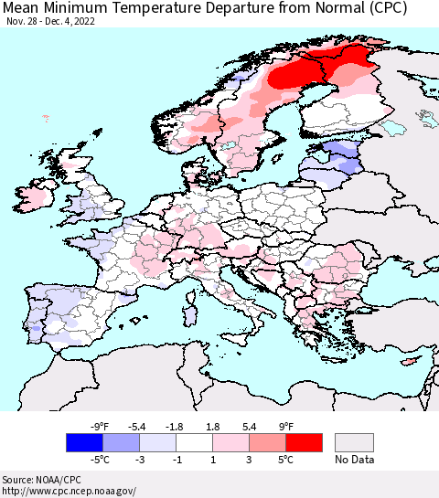 Europe Mean Minimum Temperature Departure from Normal (CPC) Thematic Map For 11/28/2022 - 12/4/2022