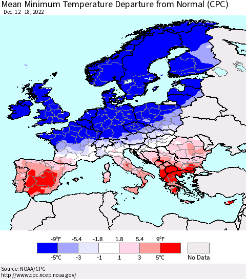 Europe Mean Minimum Temperature Departure from Normal (CPC) Thematic Map For 12/12/2022 - 12/18/2022