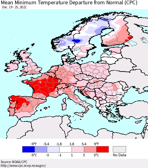 Europe Mean Minimum Temperature Departure from Normal (CPC) Thematic Map For 12/19/2022 - 12/25/2022