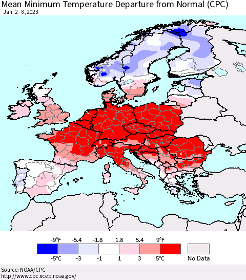 Europe Mean Minimum Temperature Departure from Normal (CPC) Thematic Map For 1/2/2023 - 1/8/2023