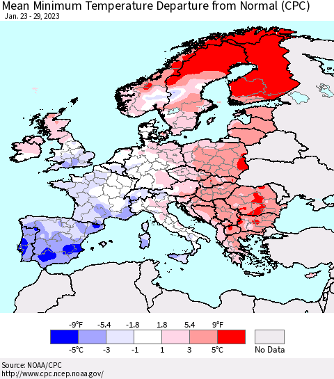 Europe Mean Minimum Temperature Departure from Normal (CPC) Thematic Map For 1/23/2023 - 1/29/2023
