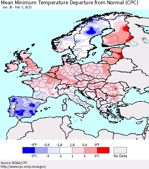 Europe Mean Minimum Temperature Departure from Normal (CPC) Thematic Map For 1/30/2023 - 2/5/2023