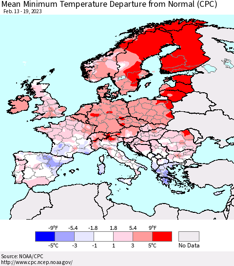 Europe Mean Minimum Temperature Departure from Normal (CPC) Thematic Map For 2/13/2023 - 2/19/2023