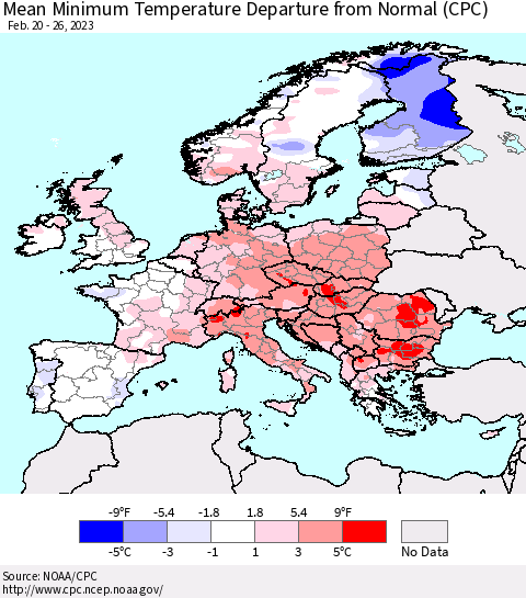 Europe Mean Minimum Temperature Departure from Normal (CPC) Thematic Map For 2/20/2023 - 2/26/2023