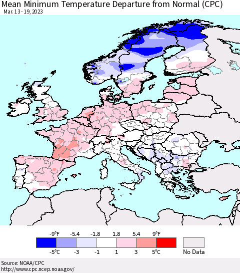 Europe Mean Minimum Temperature Departure from Normal (CPC) Thematic Map For 3/13/2023 - 3/19/2023