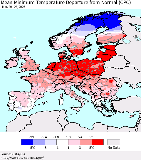 Europe Mean Minimum Temperature Departure from Normal (CPC) Thematic Map For 3/20/2023 - 3/26/2023