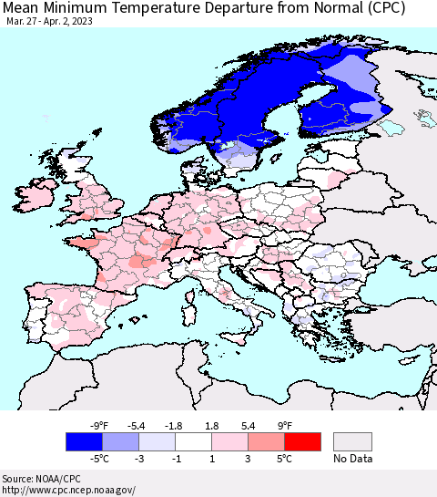 Europe Mean Minimum Temperature Departure from Normal (CPC) Thematic Map For 3/27/2023 - 4/2/2023