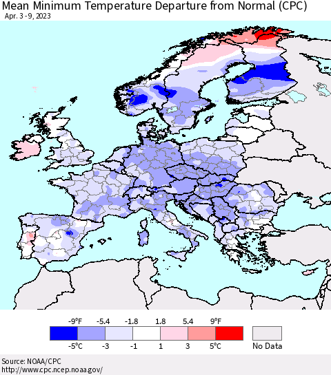 Europe Mean Minimum Temperature Departure from Normal (CPC) Thematic Map For 4/3/2023 - 4/9/2023